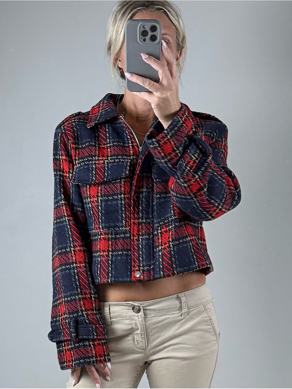 Me Jane Red & Navy Plaid Cropped Shirt Jacket